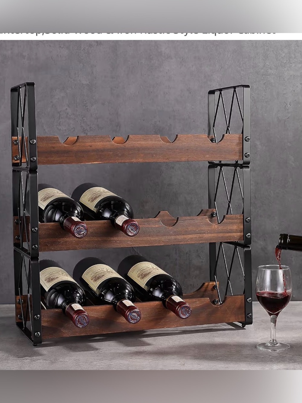 3-Tier Stackable Wooden Wine Rack with Black Metal Frame - Brown/Black